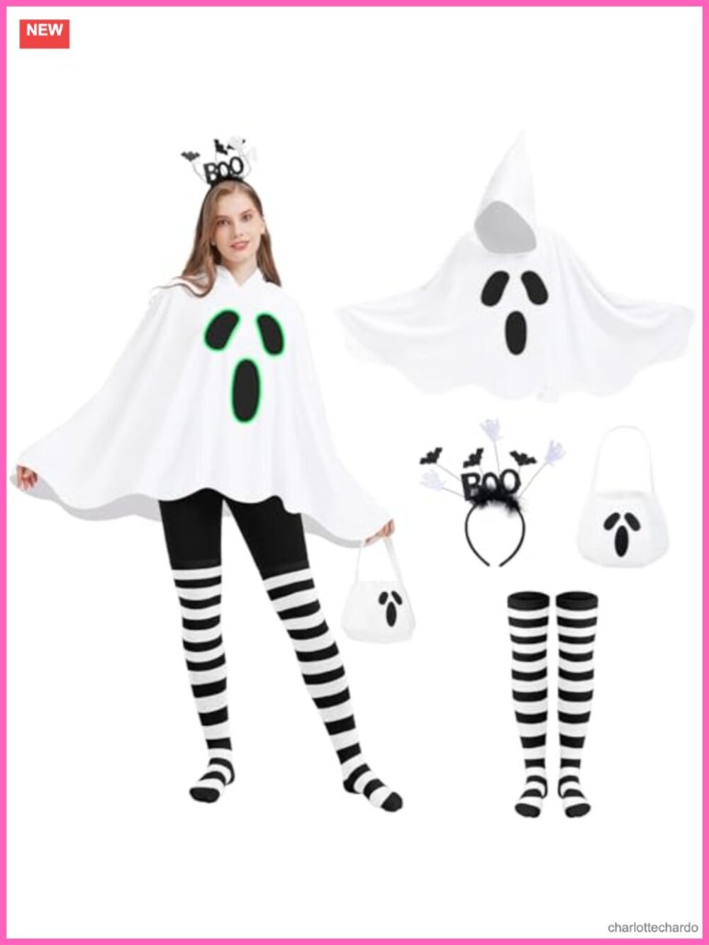 Glow in the Dark Ghost Poncho Halloween Costume Set 4 Pc